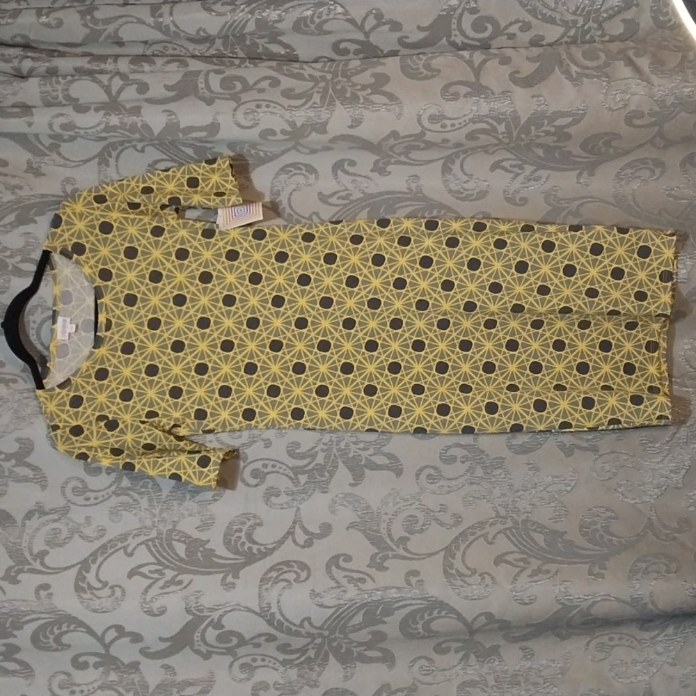 LulaRoe Julia Dress XS Gray and Yellow Geometric pattern. Midi-length.